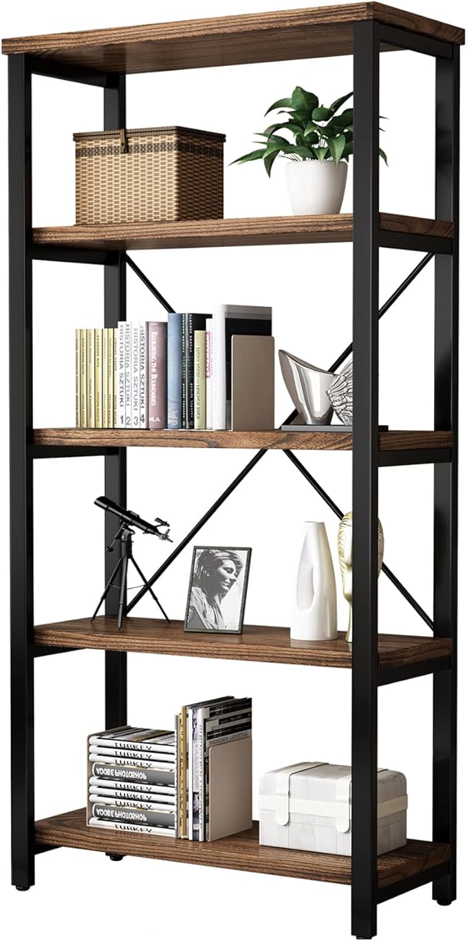 5 Tier Industrial Solid Wood Bookshelf, Open Etagere Bookcase with Metal Frame, Vintage Industrial Style Bookcase/Metal and Wood Bookshelf Furniture (AY01-5tier)