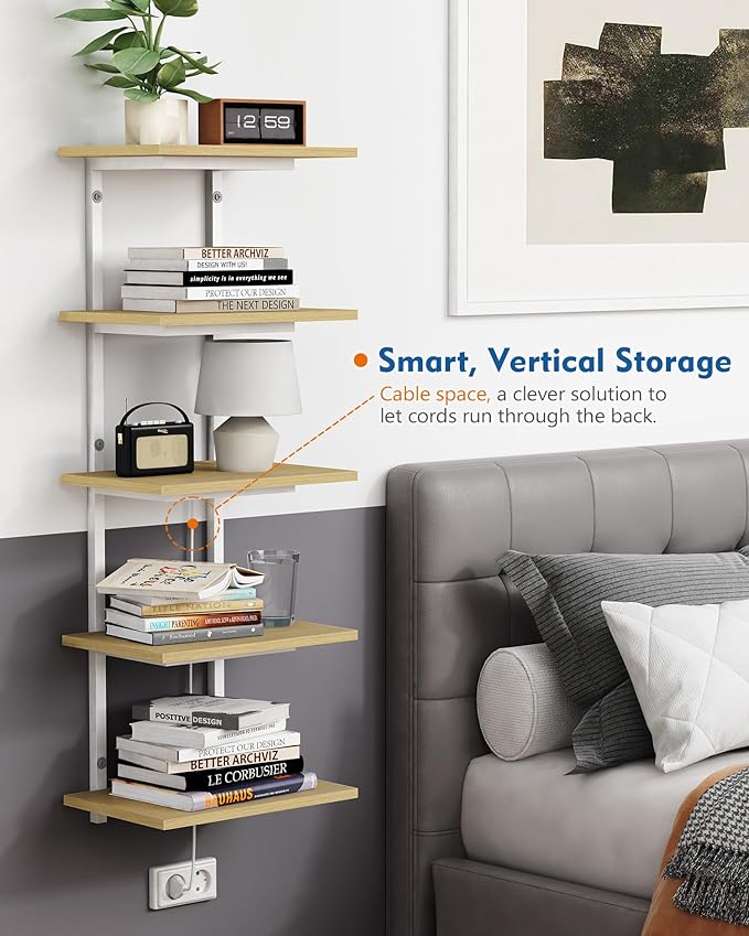 White and Natural Tiered Wall Shelf Unit, 5 Tier Display Floating Shelves, Deep Hanging Wall Shelving Unit for Living Room Plants TV, Bedroom Books, Office Décor (White and Natural Wood)