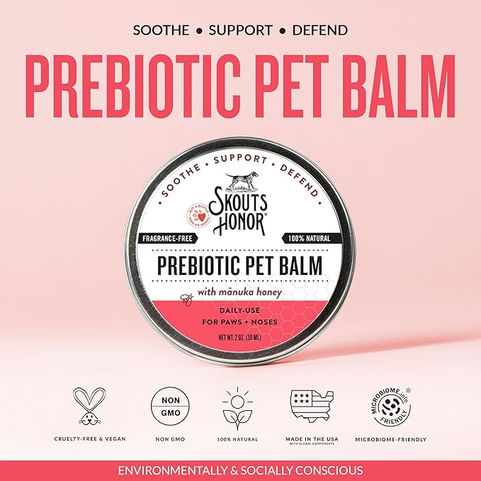 SKOUT'S HONOR Prebiotic Pet Balm - 100% Natural and Made w/Manuka Honey to Promote Healing of Your pet's paw Pads and Nose, Soothes Dry, Itchy Paws and Noses - Safe for Cats and Dogs, 2oz