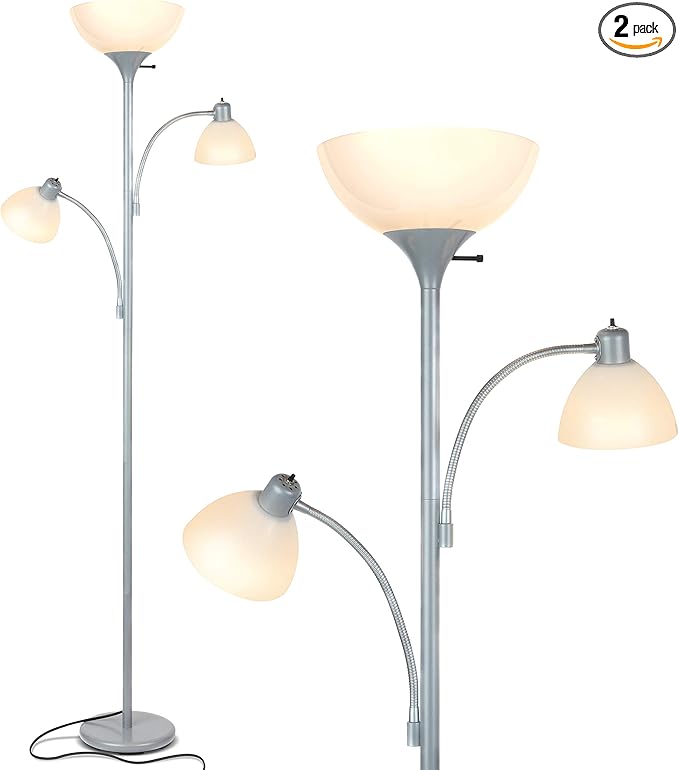 Brightech Sky Dome Double LED Floor lamp, Torchiere Super Bright Floor Lamp with 2 Reading Lamps for Living Rooms & Offices - Dimmable Tall Standing Lamp for Bedroom Reading - Tall Silver Pole
