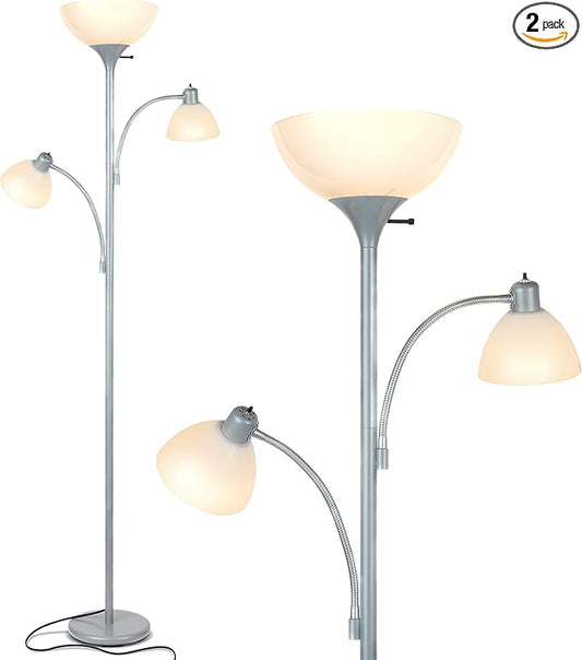Brightech Sky Dome Double LED Floor lamp, Torchiere Super Bright Floor Lamp with 2 Reading Lamps for Living Rooms & Offices - Dimmable Tall Standing Lamp for Bedroom Reading - Tall Silver Pole