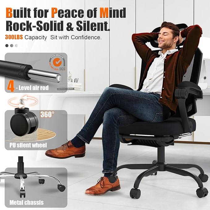 Ergonomic Office Chair with Footrest, High Back Swivel Mesh Desk Chair, Big and Tall Rolling Computer Chair with Headrest, Lumbar Support, 3-Level Tilt Backrest for Home, Bedroom, Work