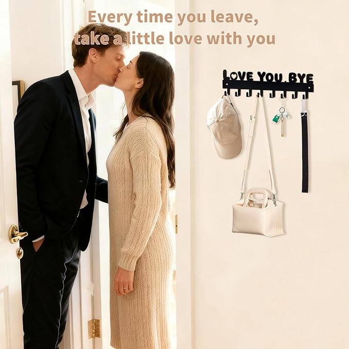 Key Holder for Wall, Key Hooks with 8 Hooks, Key Holder Wall Mount Self Adhesive, Key Rack for Wall No Drill for Entryway, Front Door, Hallway, Living Room (Black-Love You Bye)