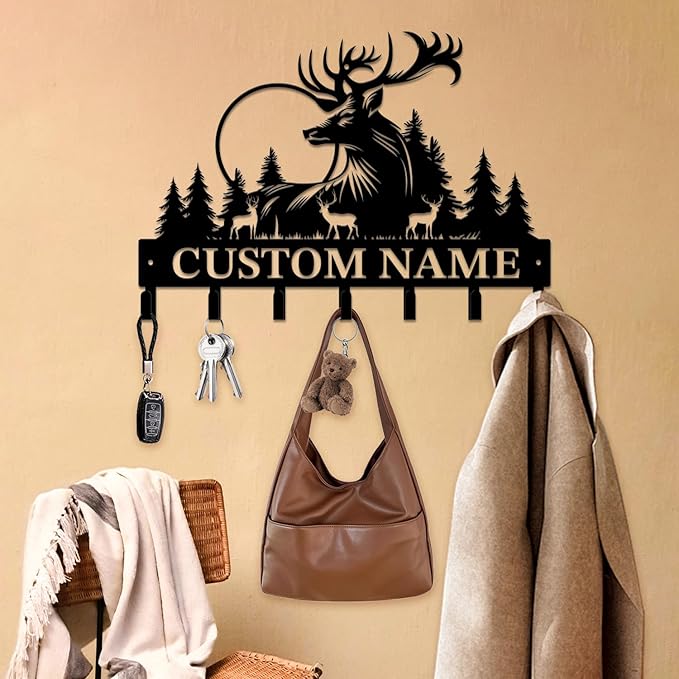 Personalized Custom Name Forest Deer Wall Keys Hooks,Metal Forest Deer Art Clothes Hooks,Metal Forest Deer Wall Home Storage Decorative,For Front Door, Hallway, Kitchen, Bedroom,Keys,Hats (Style D)