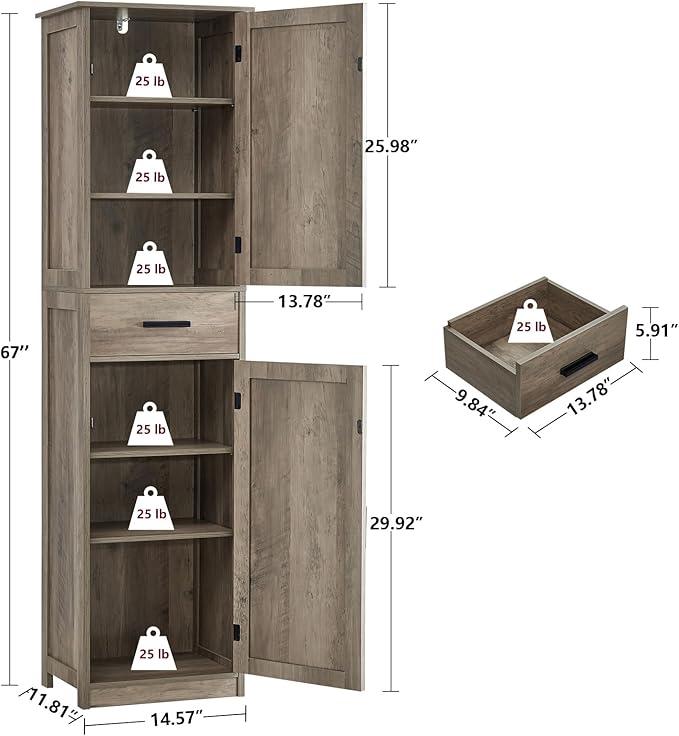 usikey 67'' Tall Storage Cabinet, Narrow Bathroom Floor Storage Cabinet with 4 Shelves & 2 Doors, for Bathroom, Living Room, Rustic Gray