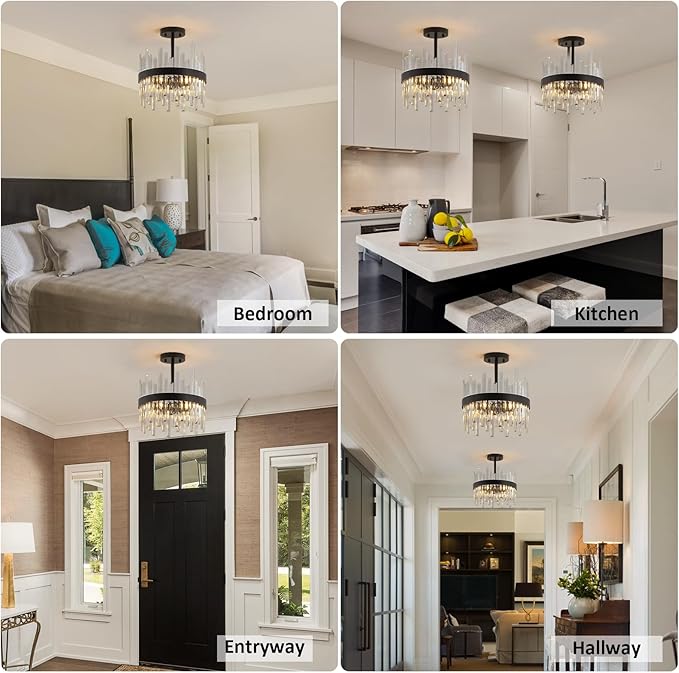 Black Semi Flush Mount Ceiling Light Fixture, Foyer Kitchen Lighting Fixtures Ceiling Modern Hallway Light Fixtures Ceiling Mount Lights for Bedroom, Bathroom, Laundry Room, Entryway, Hallway