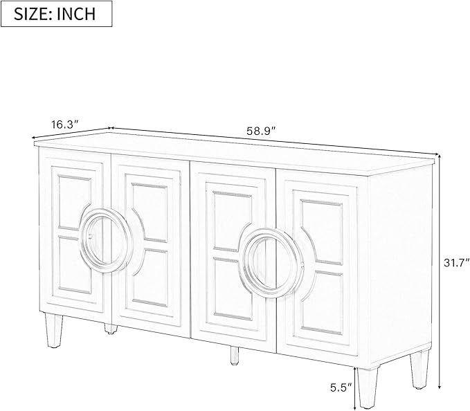 Modern Retro Sideboard Storage Cabinet with 4 Doors and Round Ring Handle, Wood 59'' Accent Entryway Console Table for Living Rooms Entrance Dining Room (Black-FI)