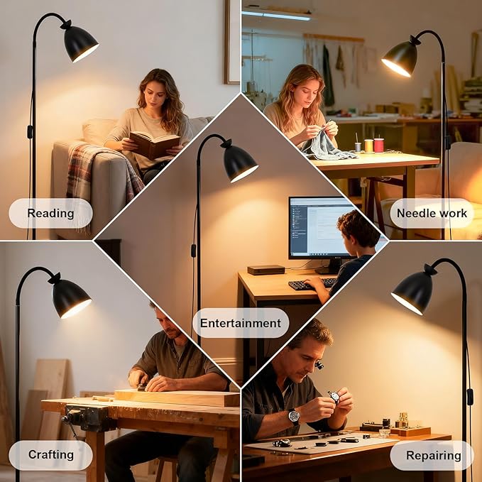 Bright Modern Black Floor Lamp for Living Room Corners Bedroom Bedside Kids room dorm Classroom,Tall Standing Reading Warm Light, 9W LED tri Color Dimming, Goose Neck Adjustment, Cheap Work Desk Lamp