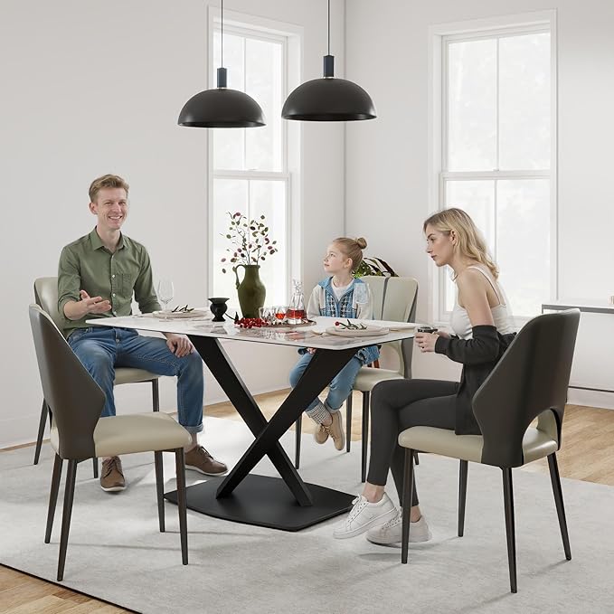 55" Modern Dining Table for 4-6 People, White Sintered Stone Table Top with X-Shape Carbon Steel Pedestal, Large Rectangular Table for Kitchen Living Room
