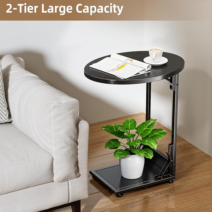 Elbourn Folding Side Table End Couch Tables, C-Shaped End Table for Living Room, Small End Table for Bedroom, Coffee Table (Black)