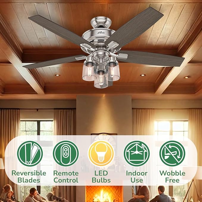 Hunter 52 inch Indoor Ceiling Fan with LED Lights and Remote Control - Standard Mount Ceiling Fan, 5 Blades, For Bedroom, Living Room, or Kitchen, Quiet - Bennett 54190, Brushed Nickel