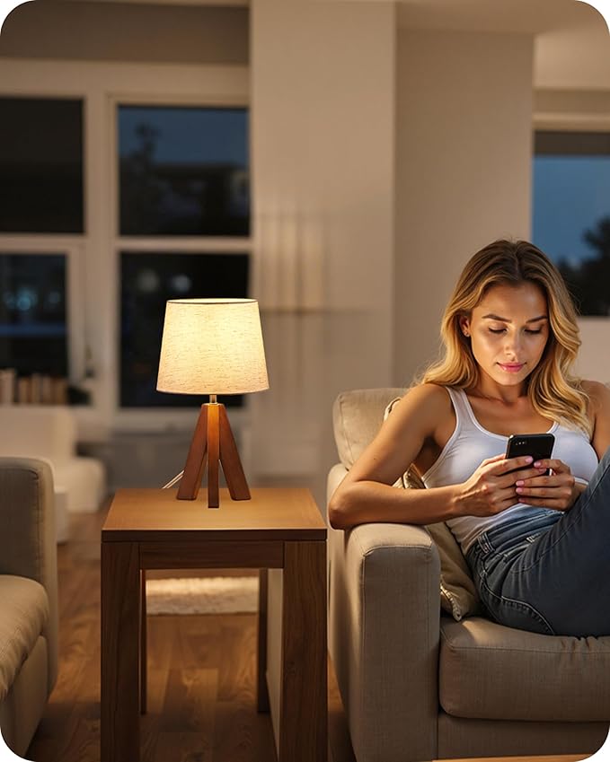 Small Tripod Table Lamp, Modern Nightstand Lamp with Fabric Shade, Boho Bedside Wood Desk Lamp for Bedroom, Kids Room, Living Room, Office, Study, Dark Wood and Beige, LE51TL05