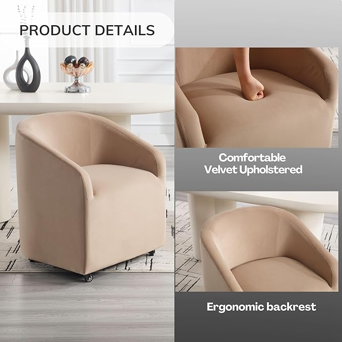 Set of 6 Modern Upholstered Dining Chairs with Swivel Casters, Velvet Barrel Back Accent Side Chair for Dining Room Living Room, Khaki