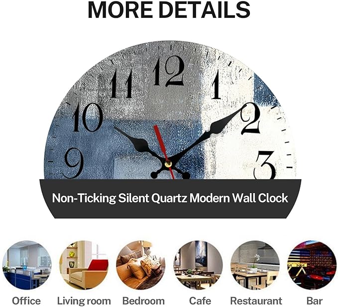 ArtSocket Wooden Wall Clock Silent Non-Ticking, Blue White Grey Abstract Painting Gray Vintage Modern Lines Round Wall Clocks Decor for Home Kitchen Living Room Office(12 Inch)