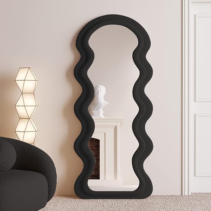 BOJOY Full Length Wavy Mirror, 63"x24", Arched Floor & Wall Mirror - Standing, Hanging or Leaning - Flannel Wrapped Wooden Frame - Black