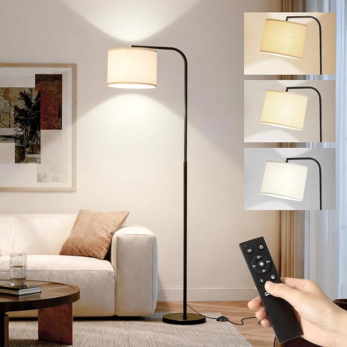 Remote Floor Lamp for Living Room and Bedroom - Modern Standing Lamps Tall with Led Blub and Dimmable Light - Black Arc Room Lights with Shade for Home Decor, Office, Corner and Reading