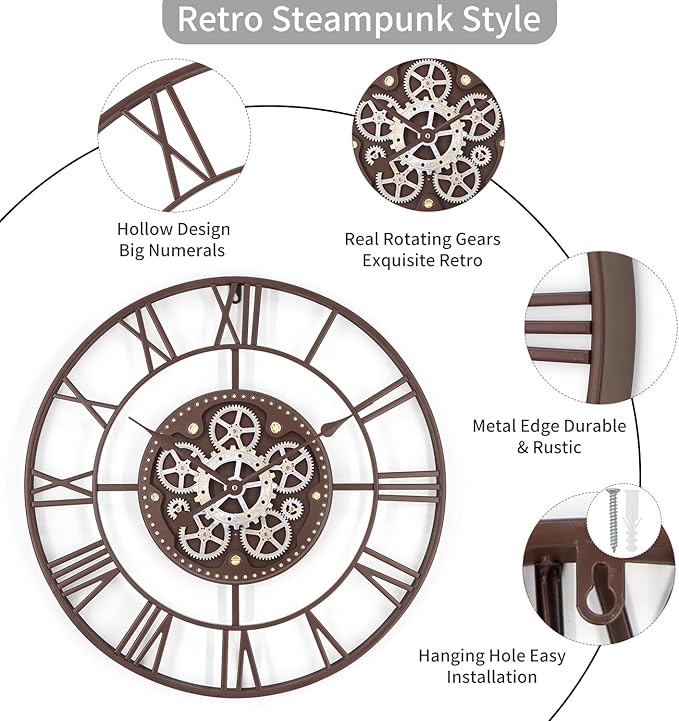 24 Inch Large Wall Clocks for Living Room Decor with Moving Gears,Large Wall Clock Industrial Steampunk,Oversized Metal Analog Wall Clocks for Farmhouse Home Battery Operated