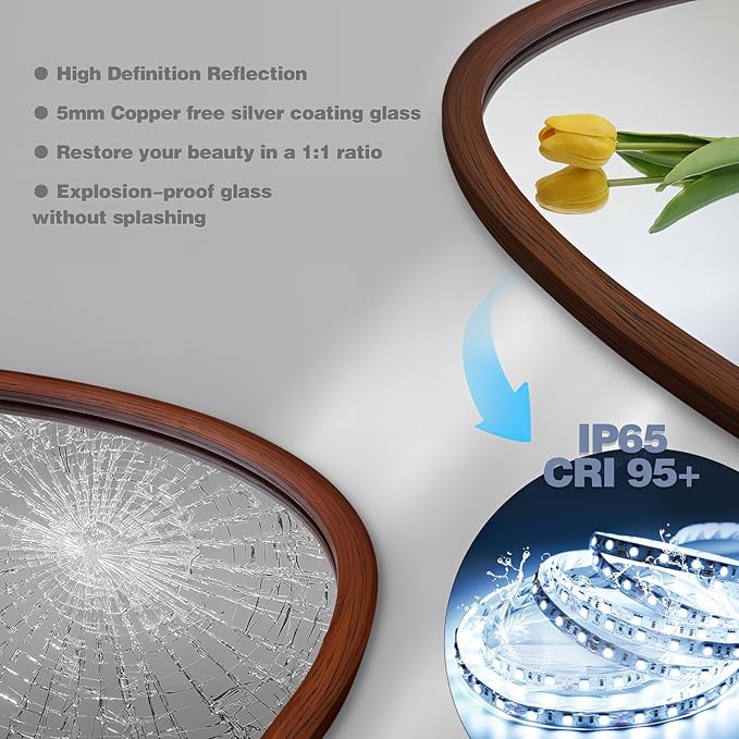 Irregular LED Bathroom Mirror with Lights, 32"x24" Wood Framed LED Vanity Mirror, Anti-Fog Smart Mirror with 3 Colors Dimmable for Living Room Bathroom Entryway, Walnut