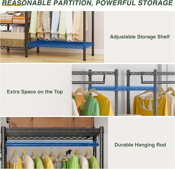 LEHOM G6 Wire Garment Rack Heavy Duty Clothes Rack Compact Size Armoire Storage Rack Freestanding Metal Clothing Closet Wardrobe with 3 Hanger Rod and 4 Large Shelves 4 Small Shelves, Black