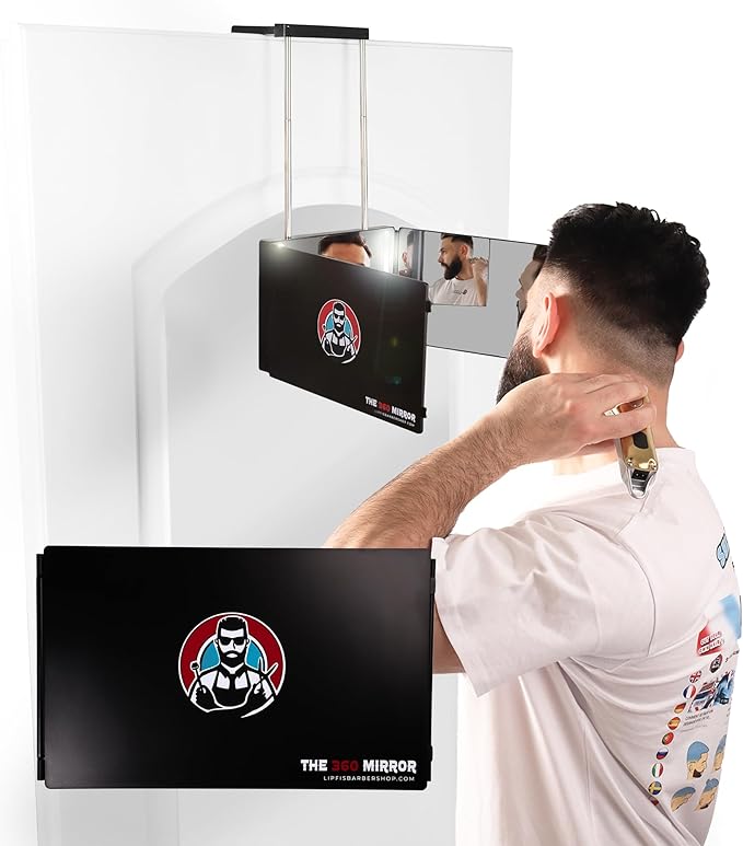 The 360 Mirror - 3 Way Mirror for Self Hair Cutting - Adjutable Trifold Barber Mirro to Cut Your Own Hair - Tri Fold Self Haircut System - Three Sided Mirro for Haircuts (Black - Mini LED version)