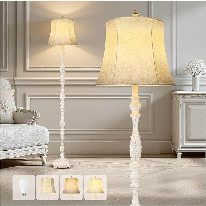 Scenekoy Rustic 66” Wash White Floor Lamp for Living Room Bedroom, Resin Carved Standing Lamp with Faux Leather Shade, Adjustable Bulb, Rotary Switch Rustic Lamp Decor for Home Room Office