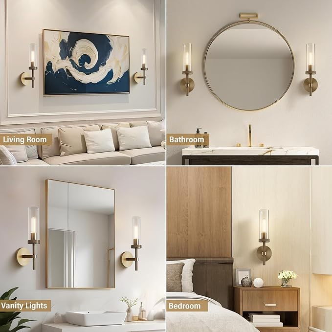 14" Bathroom Vanity Wall Sconces, Gold Wall Sconces Set of Two,Glass Tube Sconces Wall Lighting Indoors,Wall Lights for Mirror, Living Room, Bedroom, Hallway