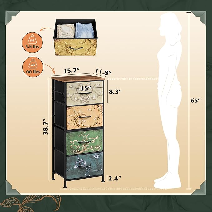 WLIVE Dresser with 4 Drawers, Storage Tower, Organizer Unit, Fabric Dresser for Bedroom, Hallway, Entryway, Closets, Vintage Furniture with Sturdy Steel Frame, Wood Top, Pull Handle, Floral Painted