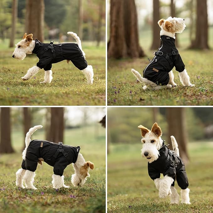 Dog Raincoat with Harness for Small and Medium Dogs, Adjustable Waterproof Dog Rain Jacket,Reflective Rainproof Puppy 4 Legs Raincoat-Black,L