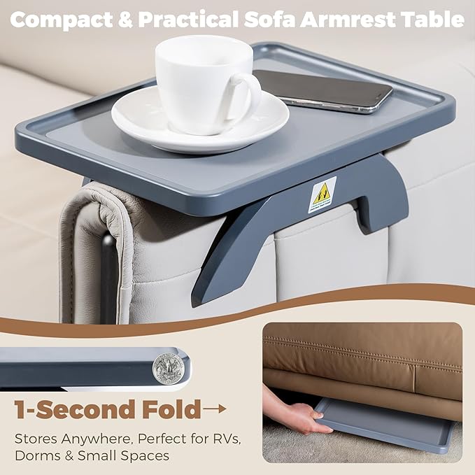 Couch Armrest Table, Foldable Bamboo Sofa Arm Tray for Couch with a Non-Slip Pad, Clip On Couch Arm Table for Remotes/Eatting/Drinks, Fits Sofa Armrest 3.5"-13.5" Gray