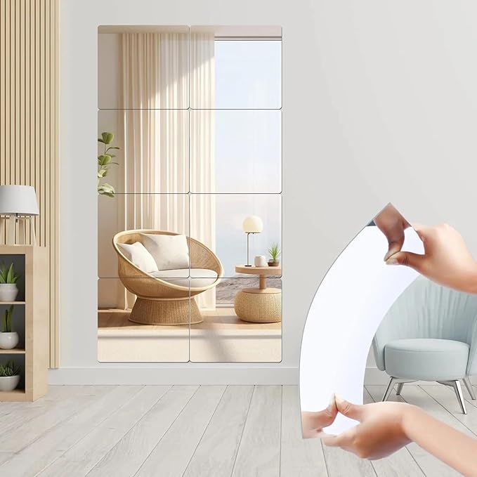 8 Pack 10x10 Inch Acrylic Mirror Tiles, Self-Adhesive Wall Mirror Full Length, Shatterproof Flexible Plastic Mirror Sheets for Bedroom, Home Gym, Door, Frameless Body Mirror