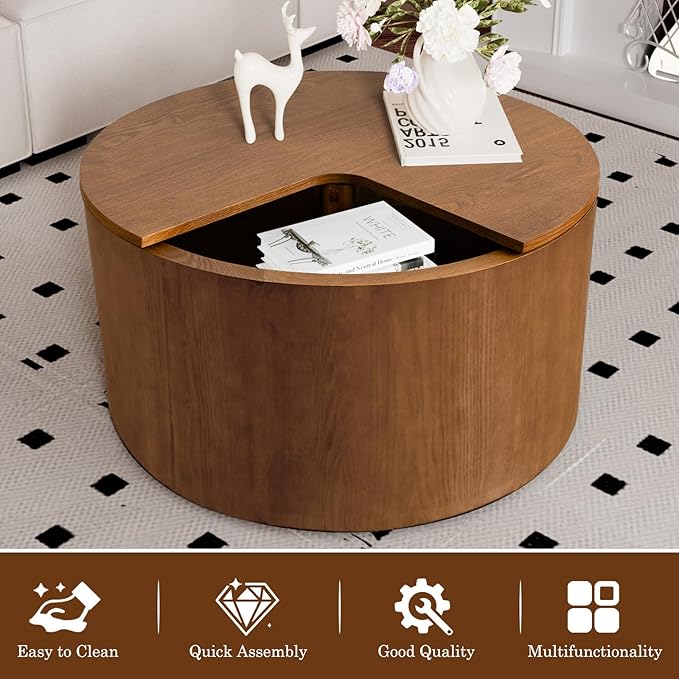27.16" Round Coffee Table with Storage Modern Handcraft Drum Coffee Table Circle Wood Accent Center Table Small Side Table for Living Room Apartment, Small Space (Round Brown)