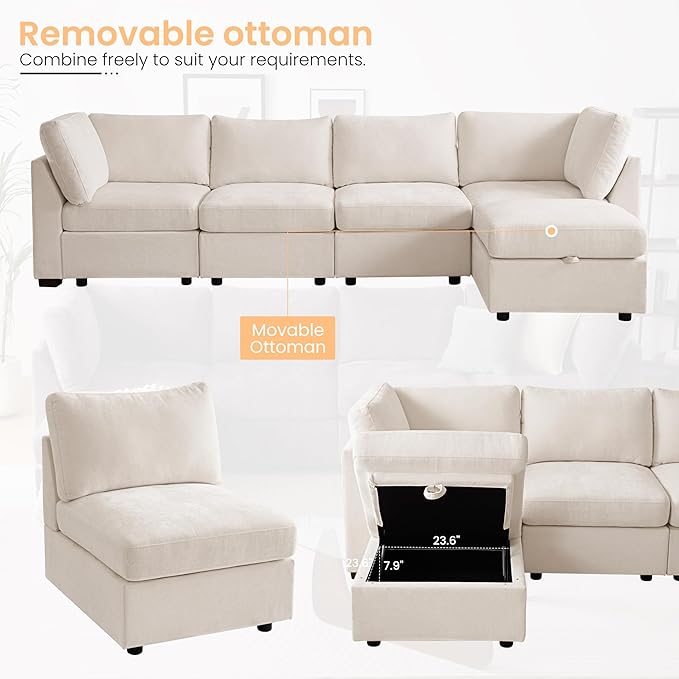 TEKAMON 96" Modular Sectional Sofa with Ottoman,Large Comfy Cloud 3-Seat Deep Seat,Reversible Chaise Modular Sectional Couches for Living Room and Apartmenr,Beige