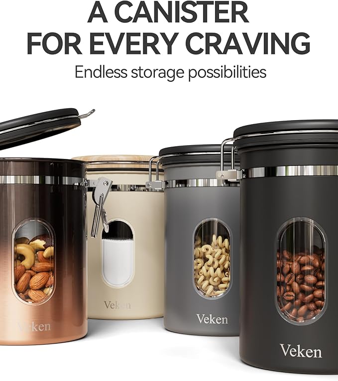 Veken Coffee Sugar Canister with Window, Christmas Coffee Lovers Gift Basket Set, Airtight Stainless Steel Kitchen Food Storage Container Gifts for Grounds, Beans,Tea,Flour, Cereal, Scoop, 22OZ,Cream