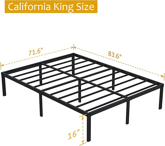 California King Bed Frames, 16 Inch Heavy Duty Metal Platform Support Up to 3000 lbs with Steel Slat, No Box Spring Needed, Easy Assembly, Noise Free, Black