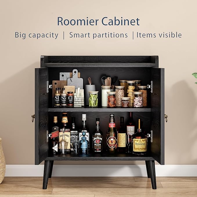 26" Rattan-Door Sideboard Cabinet with Round Pull Rings, 2-Door Credenza Buffet with Generous Storage, Modern Accent Cabinet for Living Room & Kitchen, Black