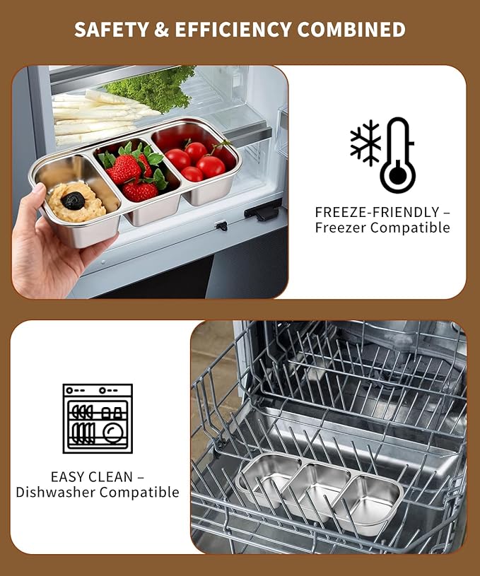 4 Pack Bento Box,Stainless Steel Snack Containers With Lids,Leak Proof Metal Lunch Box with 3 Compartments,Reusable Lunch Meal Prep Containers for office,Work,Travel For Adults Little One