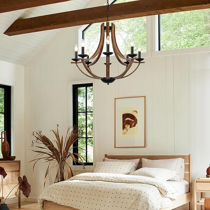 Rustic Farmhouse Dining Room Chandelier Light Fixture, 8-Light 28" Adjustable Chandelier for Kitchen Island, Living Room, Foyer, Staircase, Restaurant, Showroom, Villa, Faux Walnut