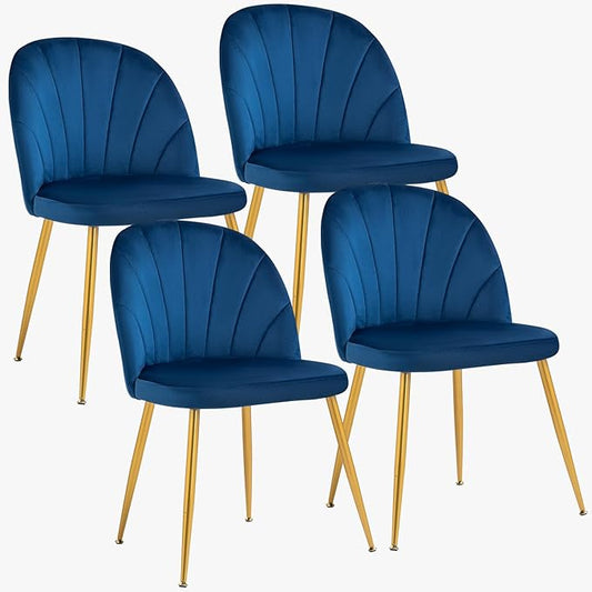 Velvet Dining Chairs Set of 4, Upholstered Mid Century Modern Dining Chairs, Armless Accent Chair with Metal Gold Legs for Living Room, Kitchen, Dining Room, Blue