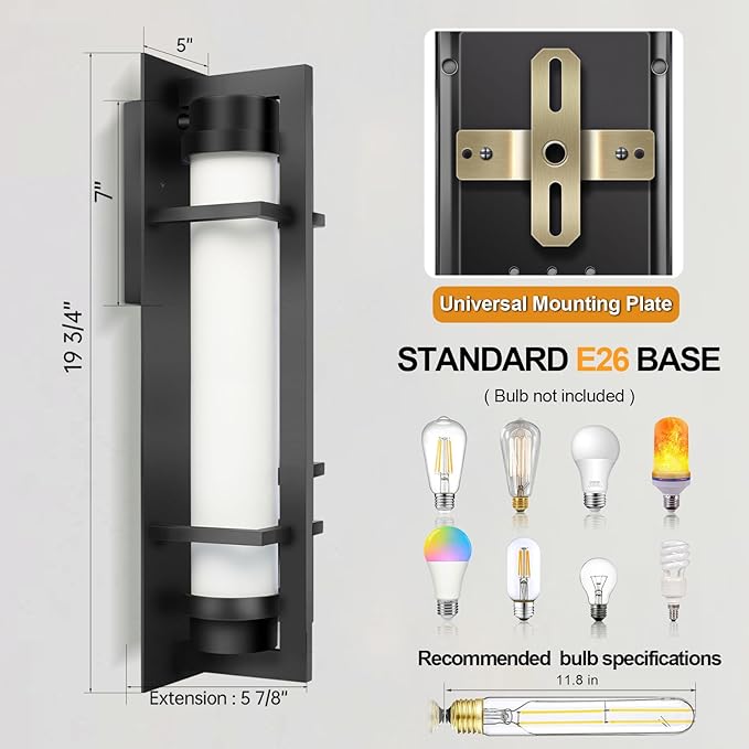 ALVIME Modern Outdoor Wall Sconce, 20 inch Matte Black Large Exterior Lighting Fixtures, Waterproof Outdoor Wall Light, Outside Sconce Lights for House, Entryway, Garage, E26 Base&Etched Opal Glass