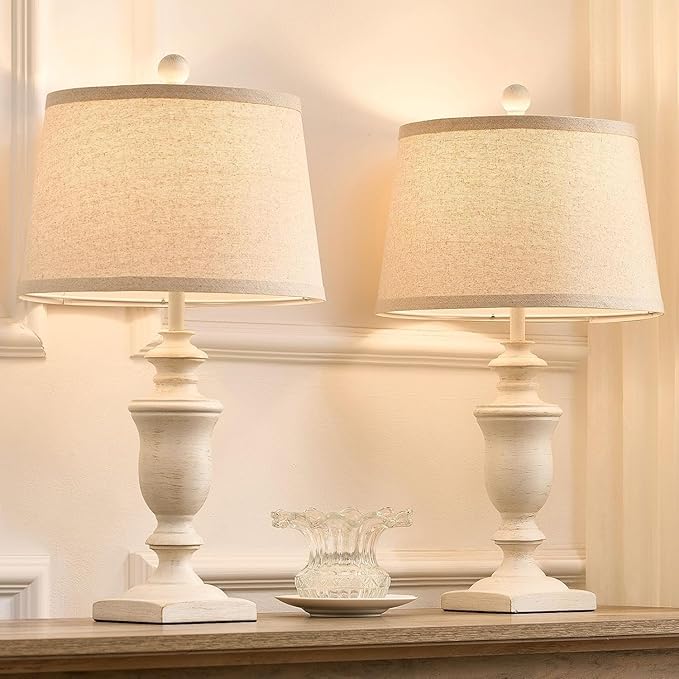 23" Farmhouse Table Lamps Set of 2, 3 Way Dimmable Lamps with 2 LED Bulbs and Rocker Switch, Vintage Nightstand Lamp for Bedroom Living Room Office End Table Entryway, White