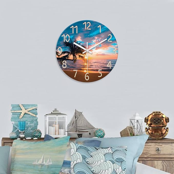 XFM Beach Wall Clock 14 Inch Palm Tree Analog Wall Clocks Battery Operated for Living Room Kitchen Decor Sunset Coastal Glass Silent Wall Clock