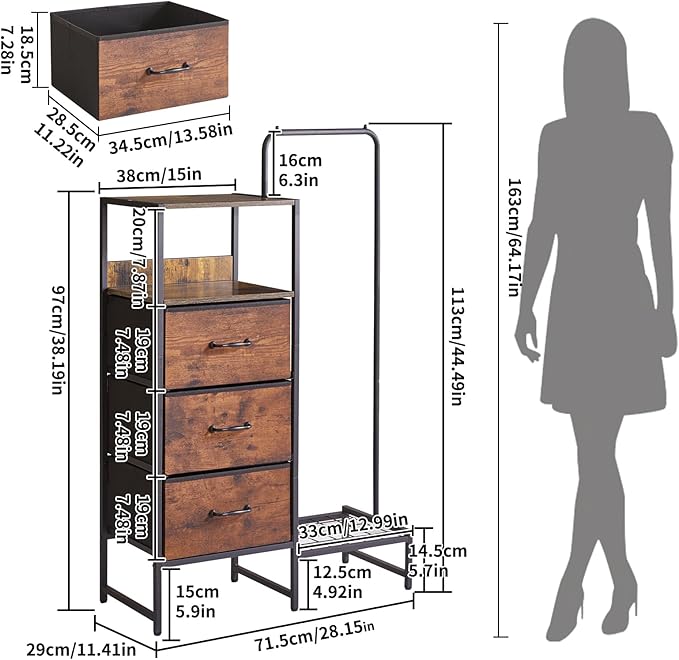 44 '' Tall Garment Rack with 3 Fabric Drawers, 4-Tier Clothing Rack, Coat Hanger with Shoe Shelf & Shelves for Small Spaces, Rustic Brown YD-TM081H