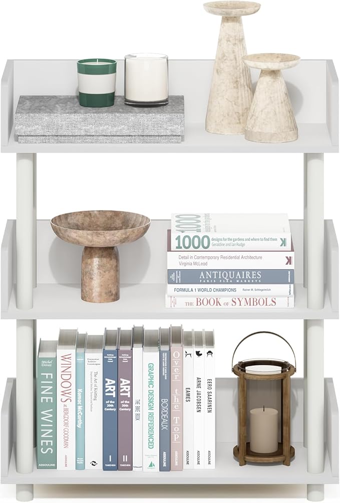 Furinno Turn-N-Tube 3-Tier Display Shelf, Storage Shelves, Book Shelf, Open Shelves with Rounded Corner Top Edges, for Organization and Storage, Living Room, Home Office, White