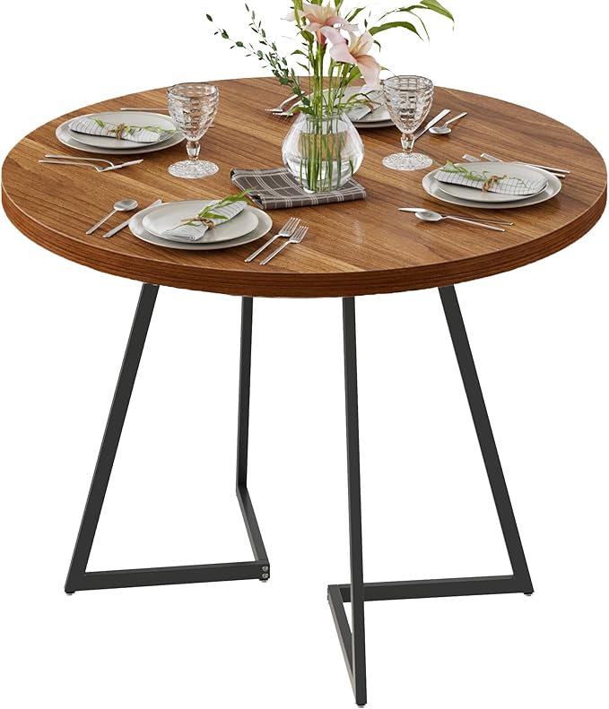 VECELO 35" Round Dining Table for 4, Wood-Grain Tabletop & Heavy-Duty Steel Frame, for Kitchen, Living Room, Easy Assembly, Walnut