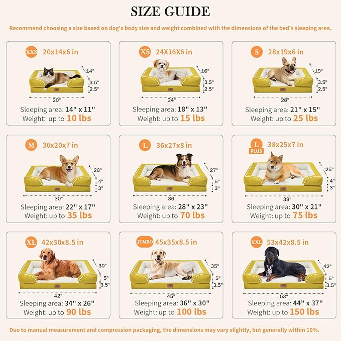 Comfort Expression Small Dog Beds Waterproof Orthopedic Foam Dog Sofa Beds for Small Dogs Comfy Pet Bed with Washable Removable Cover & Non-Slip Bottom(X-Small,Spicy Mustard)