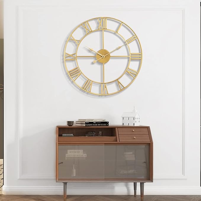 1st owned Large Wall Clock Metal Retro Roman Numeral Clock, Modern Round Wall Clocks Almost Silent, Easy to Read for Living Room/Home/Kitchen/Bedroom/Office/School Decor (Gold, 24 Inch)