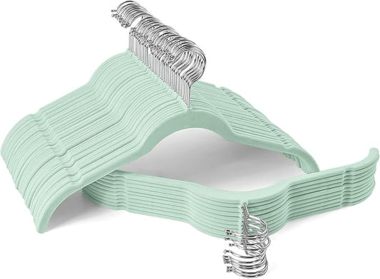 Velvet Hangers 50 Pack – Slim Non-Slip Flocked Hangers with Notches, Space-Saving Closet Organizer for Dresses, Blouses, Coats(Green)