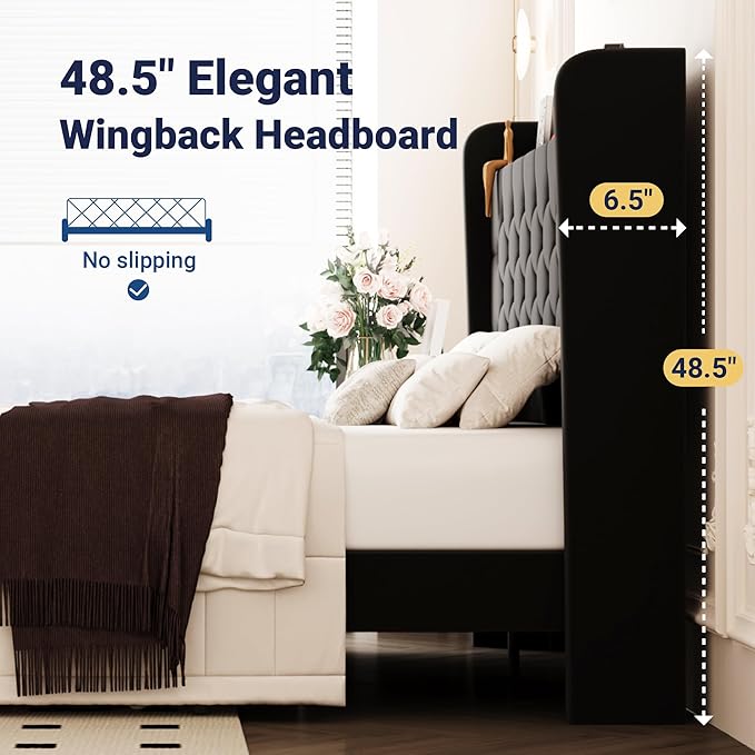Allewie Queen Size Bed Frame, Storage Headboard with Charging Station, Wingback Velvet Upholstered, Diamond Stitched Button Tufted, Sturdy Wooden Slats, No Box Spring Needed, Easy Assembly, Black