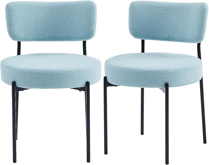 Blue Boucle Dining Chairs Set of 2, Upholstered Dinner Chair with Metal Frame, Dining Room Chairs with Padded Seat, Round Modern Seating for Living Room