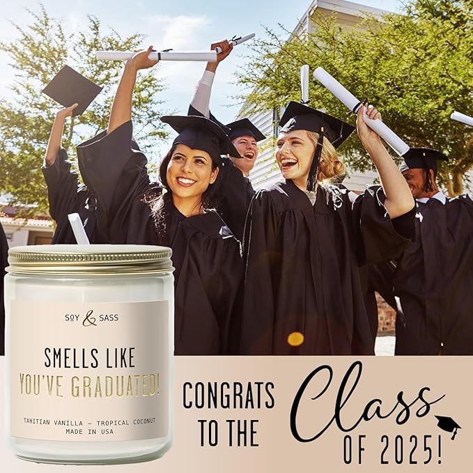 Graduation Gifts for Her "Smells like Graduation" Soy Candle, w/Vanilla & Coconut I College Graduation Gifts for Her I 2025 Graduation Gifts I 9oz Reusable Jar, 50Hr Burn, Made in USA
